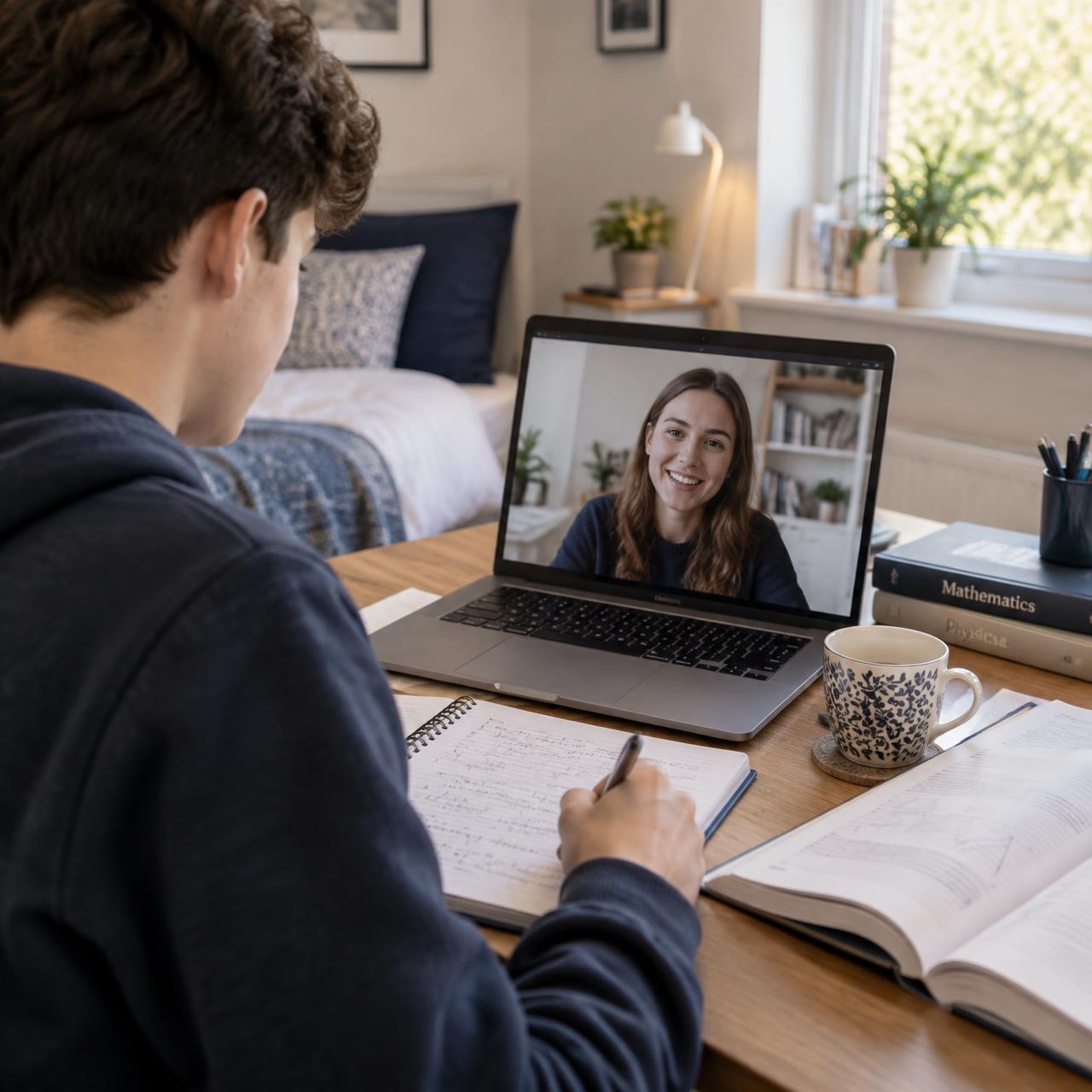 A GCSE student taking notes at a home desk during a one-to-one online lesson with their tutor on a laptop